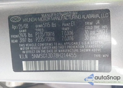 2008 Hyundai Santa Fe Gls z USA, uszkodzony, nr VIN 5NMSG13D78H214455